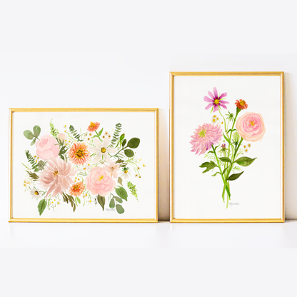 Bohemian Blooms Stemmed Bouquet Watercolor Art Print