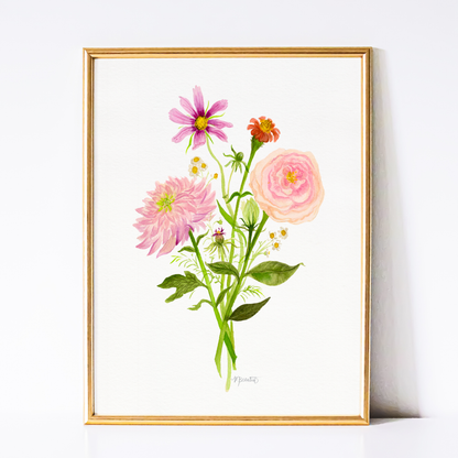 Bohemian Blooms Stemmed Bouquet Watercolor Art Print
