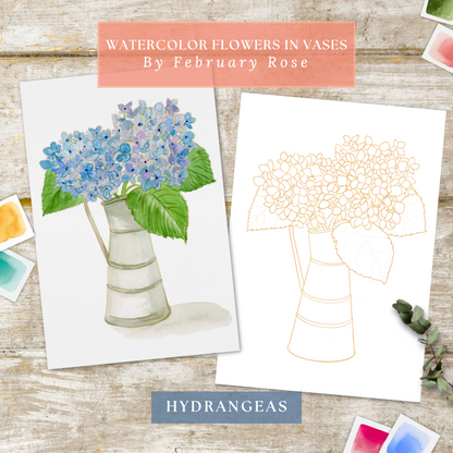 Watercolor Flowers in Vases Collection No. 1 Watercolor Coloring Pages ONLY