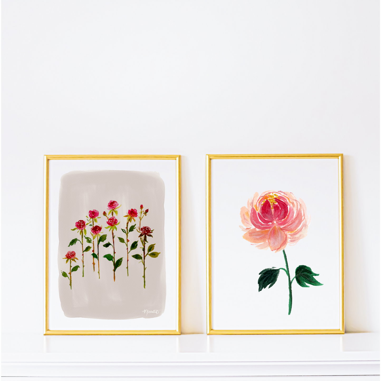 Rose Stems in Cream Moody Floral Gouache Art Print