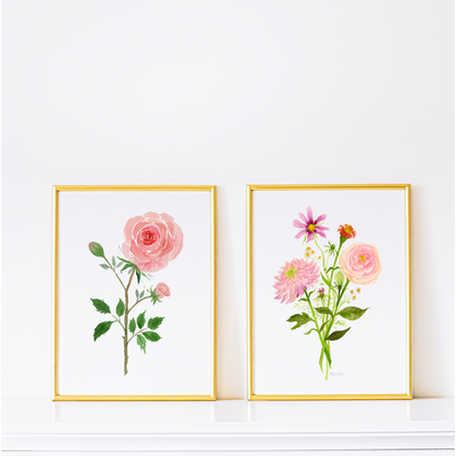 Bohemian Blooms Stemmed Bouquet Watercolor Art Print