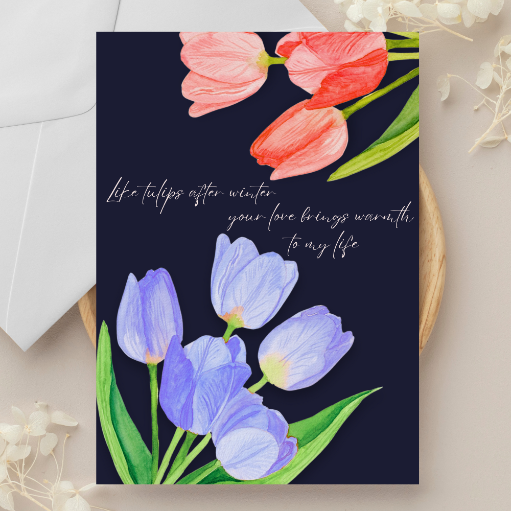 Tulips In Winter Anniversary Multi Color In Navy Valentine's Day Greeting Card