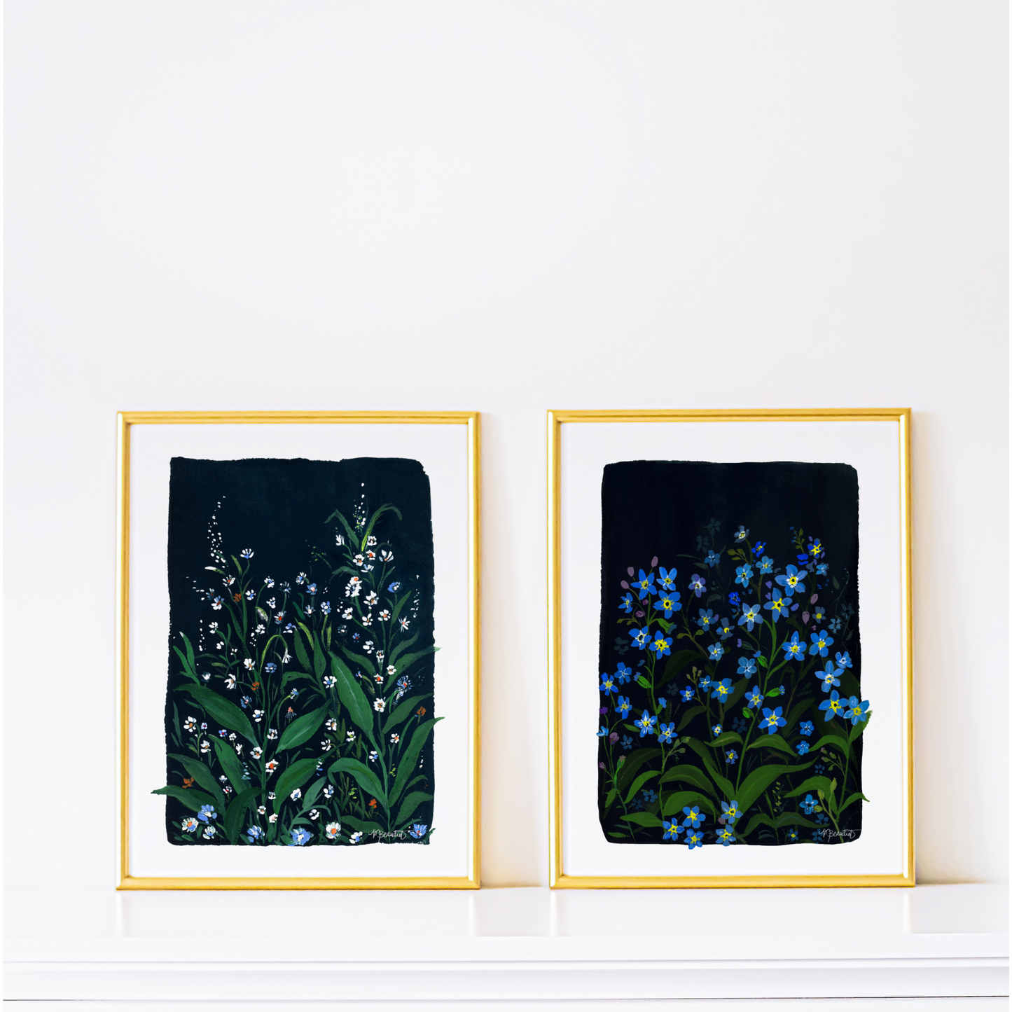 Wildflowers In Navy Moody Floral Gouache Art Print