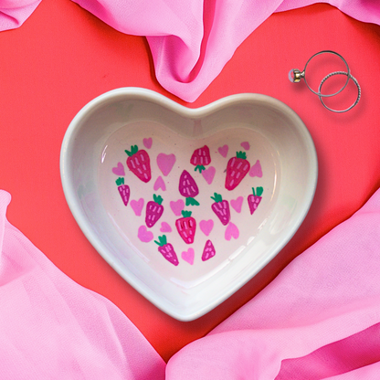 Strawberries and Hearts Pattern Ceramic Trinket Dish
