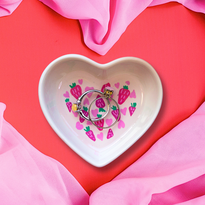 Strawberries and Hearts Pattern Ceramic Trinket Dish