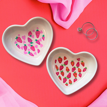 Strawberries and Hearts Pattern Ceramic Trinket Dish
