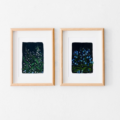 Forget me Nots In Dark Navy Moody Floral Gouache Art Print