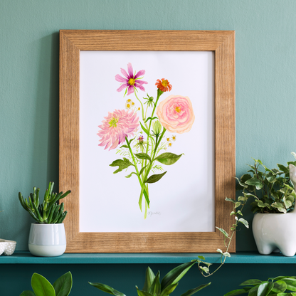 Bohemian Blooms Stemmed Bouquet Watercolor Art Print