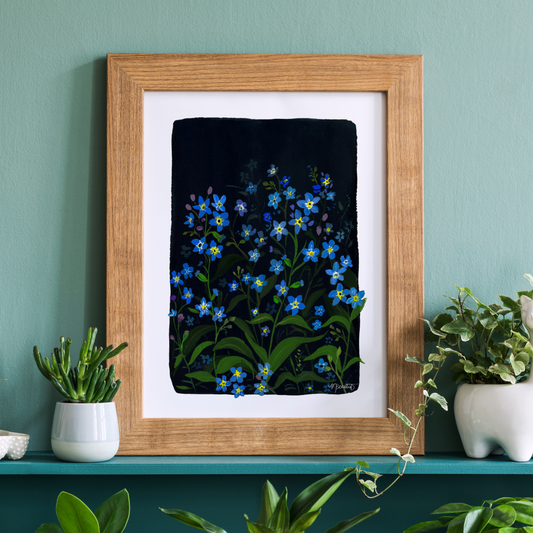 Forget me Nots In Dark Navy Moody Floral Gouache Art Print