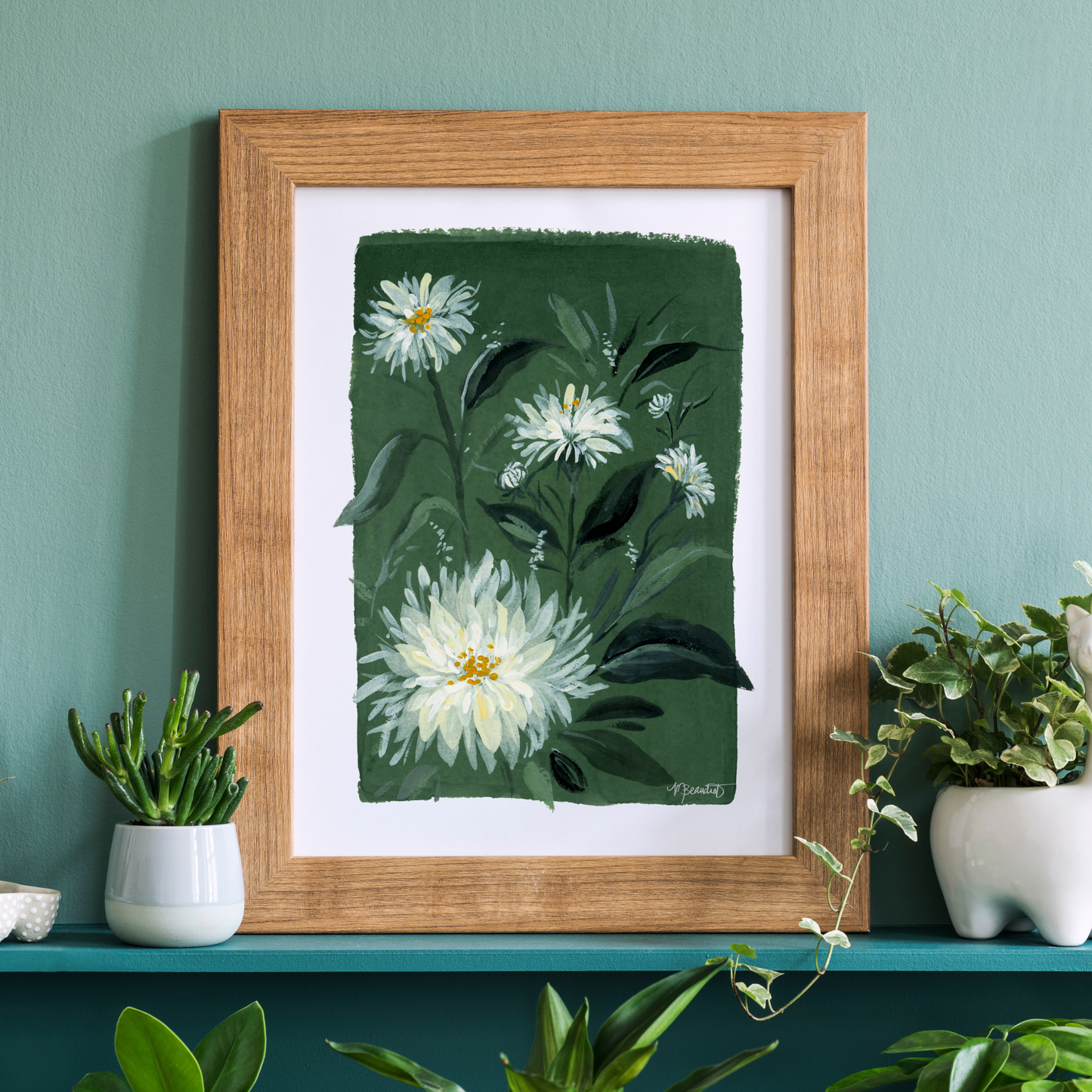 Dahlias In Verte Moody Gouache Art Print