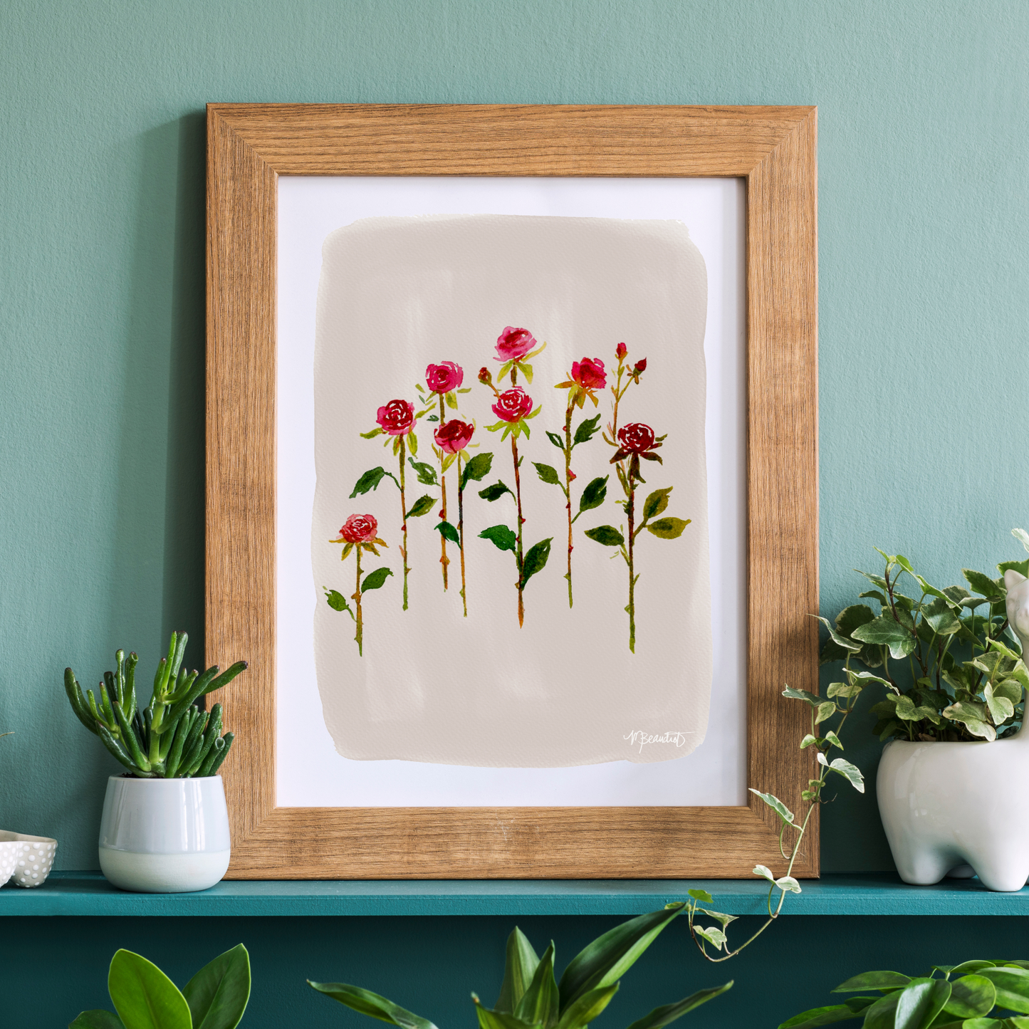 Rose Stems in Cream Moody Floral Gouache Art Print