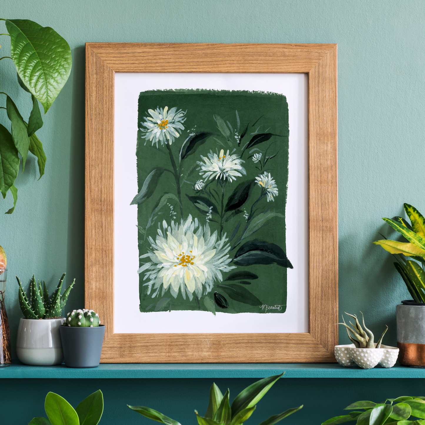 Dahlias In Verte Moody Gouache Art Print