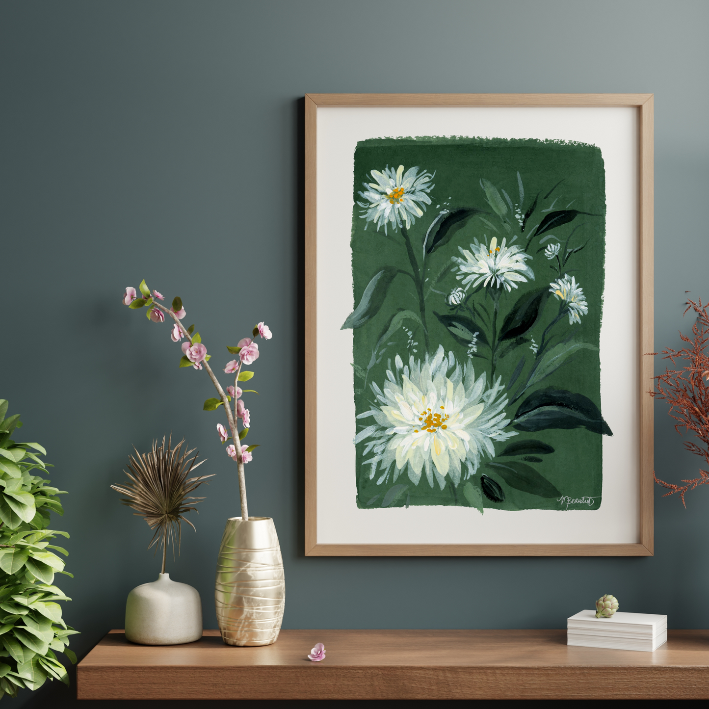 Dahlias In Verte Moody Gouache Art Print