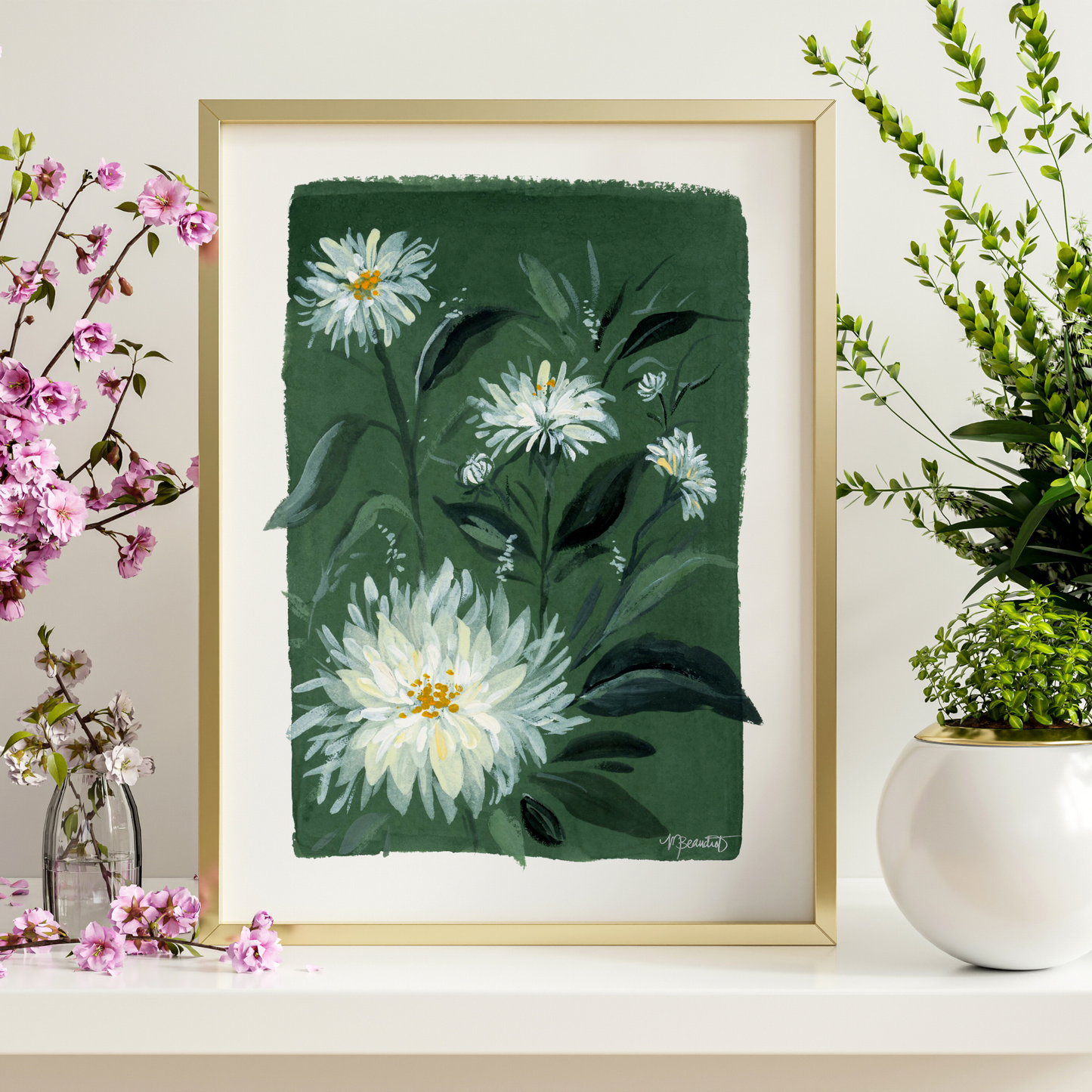 Dahlias In Verte Moody Gouache Art Print