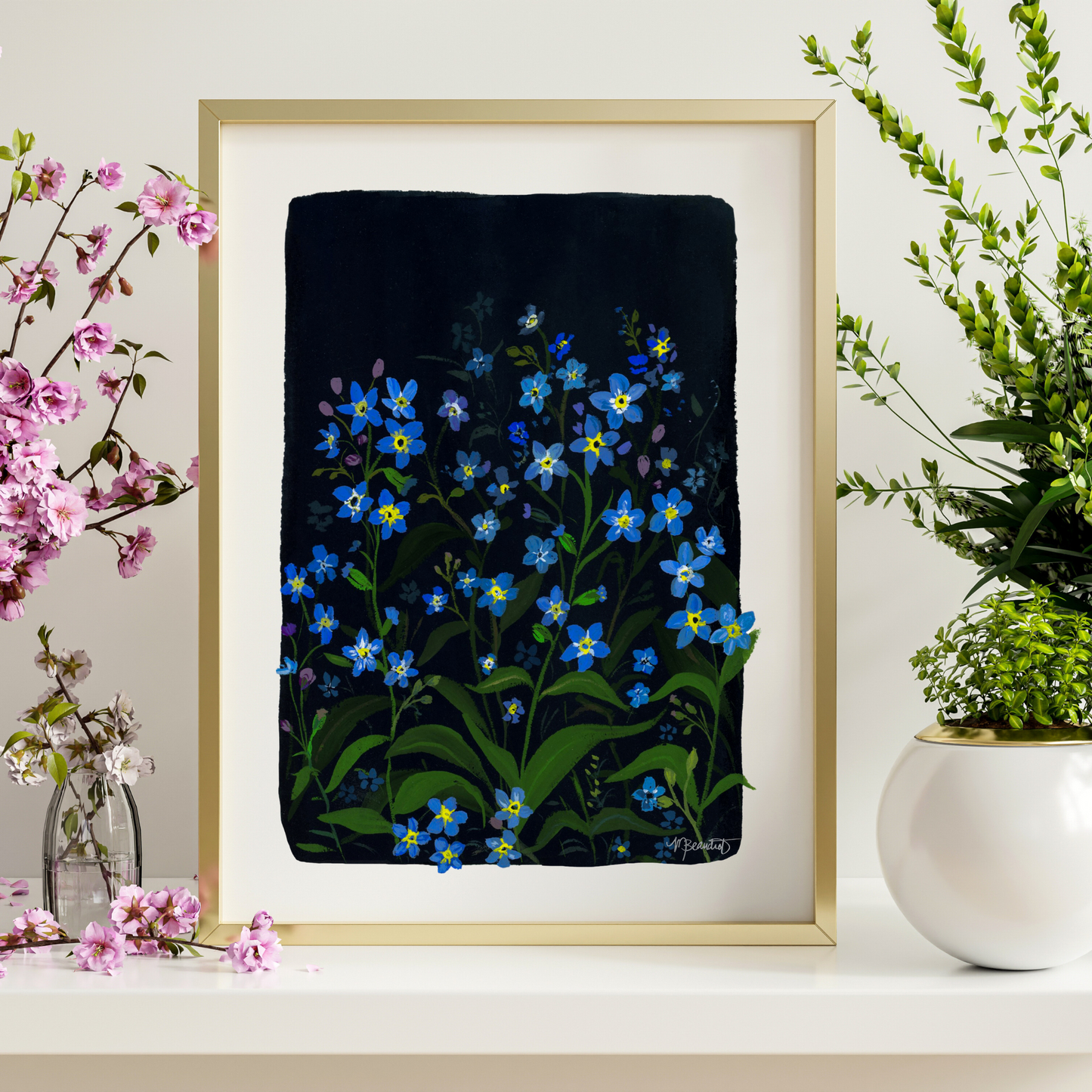 Forget me Nots In Dark Navy Moody Floral Gouache Art Print