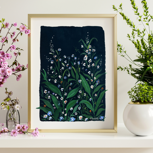 Wildflowers In Navy Moody Floral Gouache Art Print