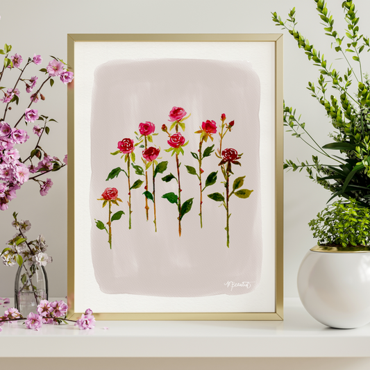 Rose Stems in Cream Moody Floral Gouache Art Print