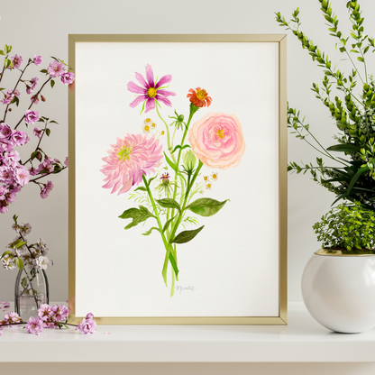 Bohemian Blooms Stemmed Bouquet Watercolor Art Print