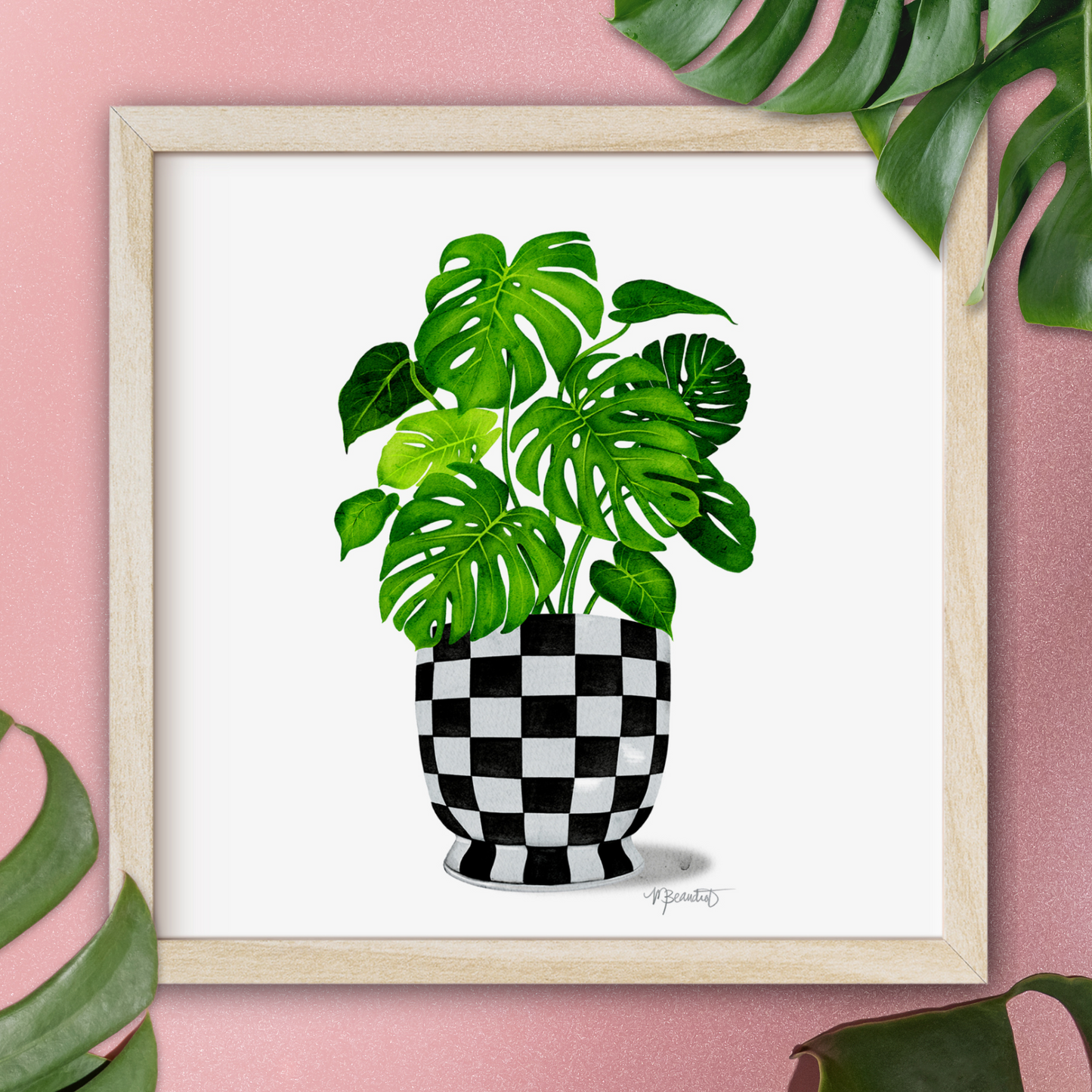 Monstera Checkered Pot Watercolor Art Print