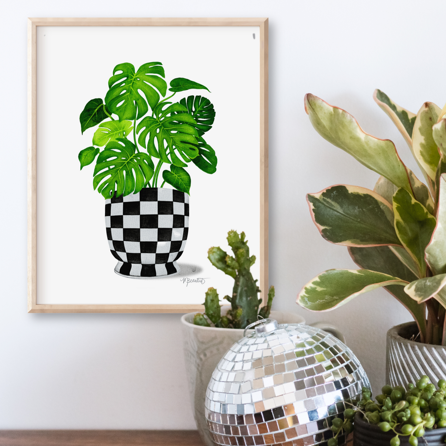 Monstera Checkered Pot Watercolor Art Print