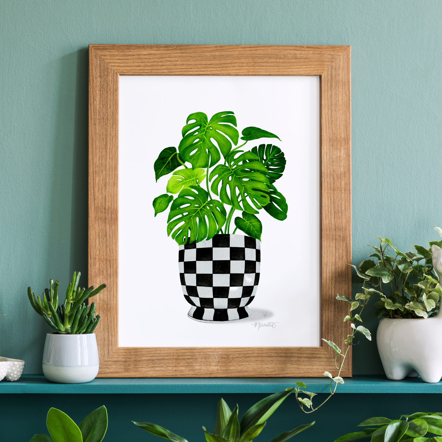 Monstera Checkered Pot Watercolor Art Print