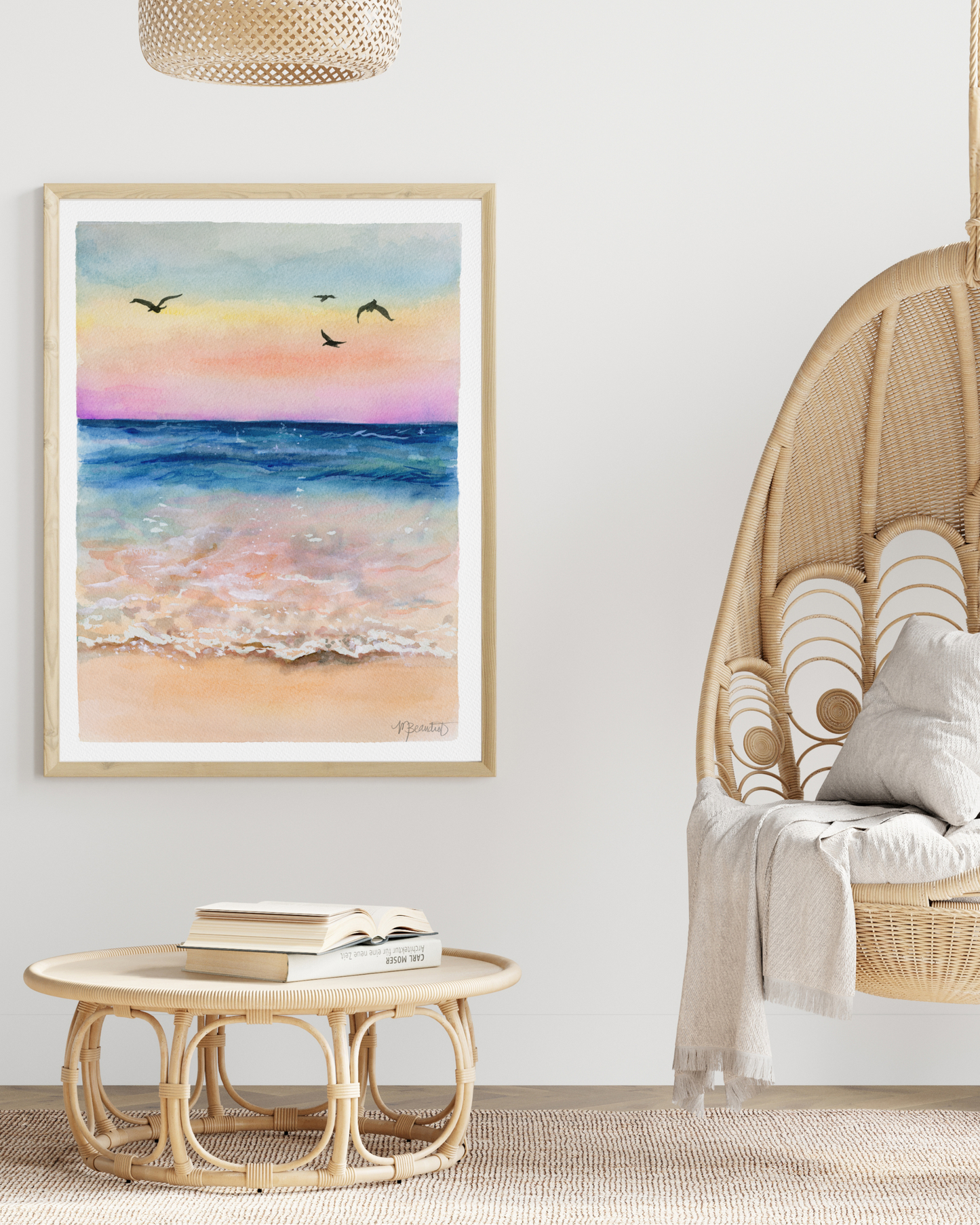 Sunset by the Seashore Watercolor Art Print