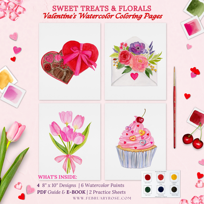 Valentine's Day Watercolor Coloring Pages Paint Kit - BEGINNER FRIENDLY TO ADVANCED