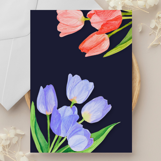 Tulips Multicolored in Navy Greeting Card