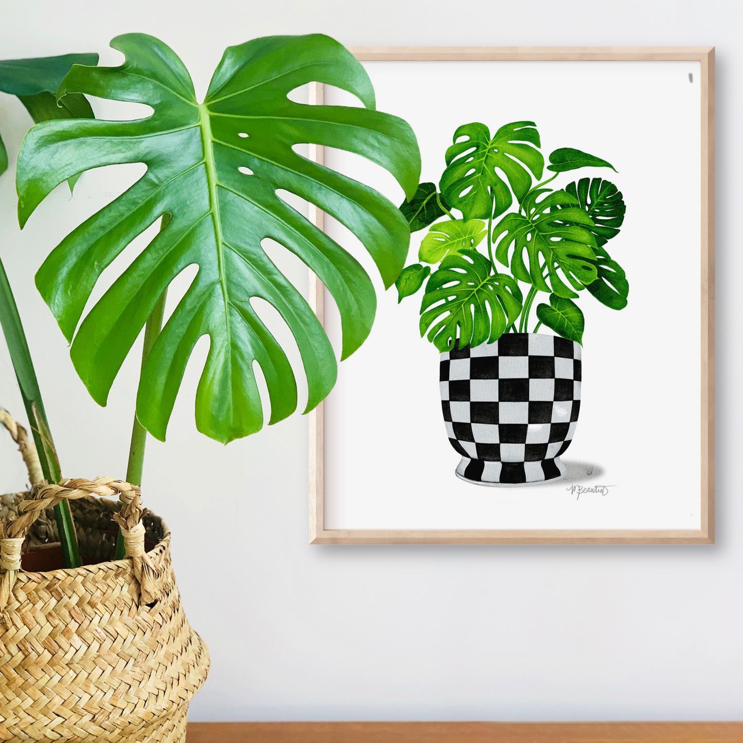 Monstera Checkered Pot Watercolor Art Print