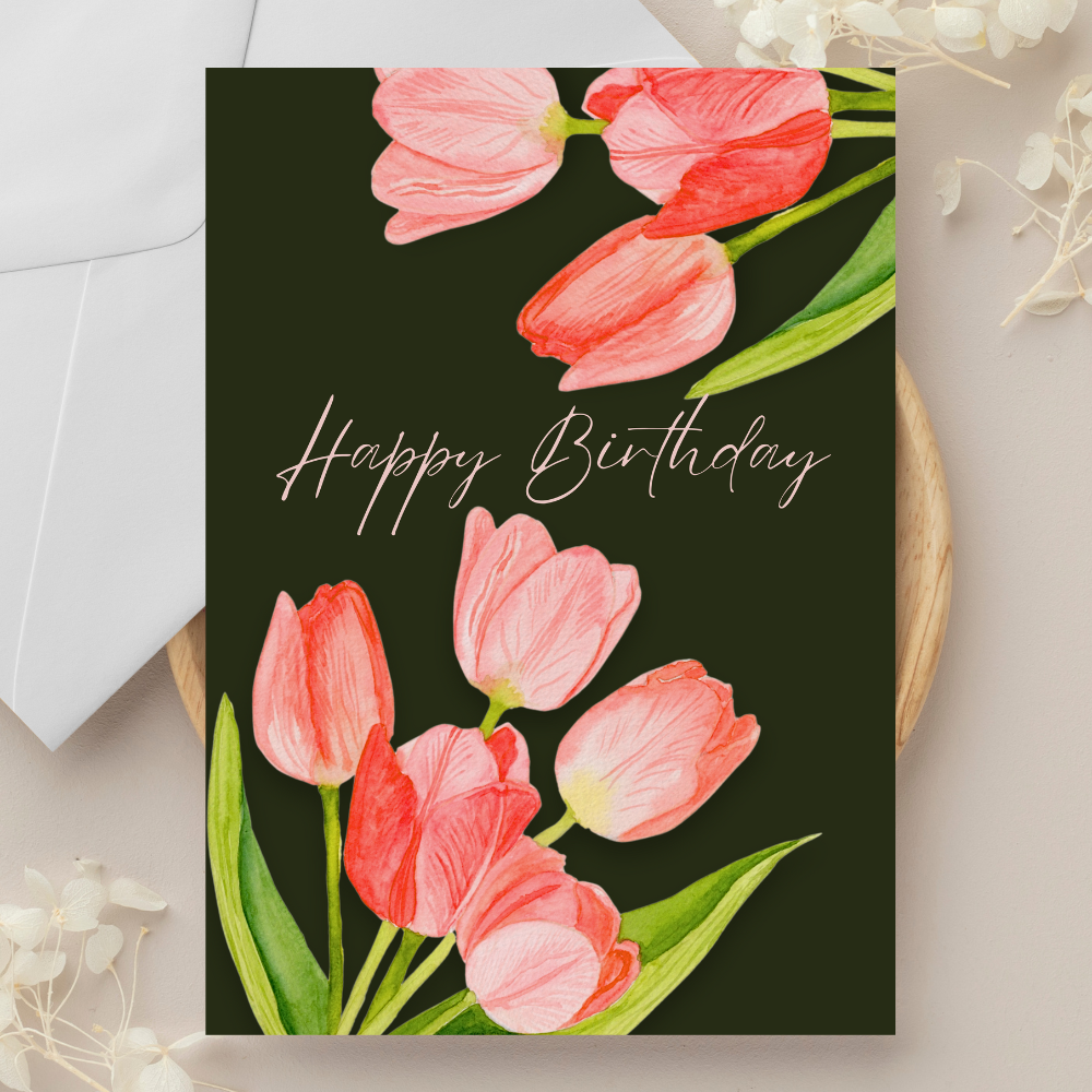 Happy Birthday Tulips Pink Greeting Card