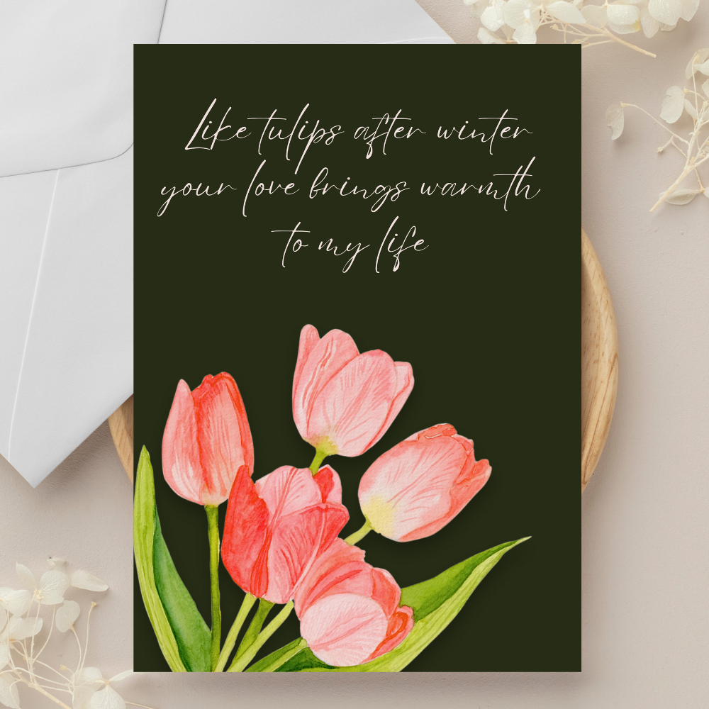 Pink Tulips In Winter Anniversary Valentine's Day Greeting Card