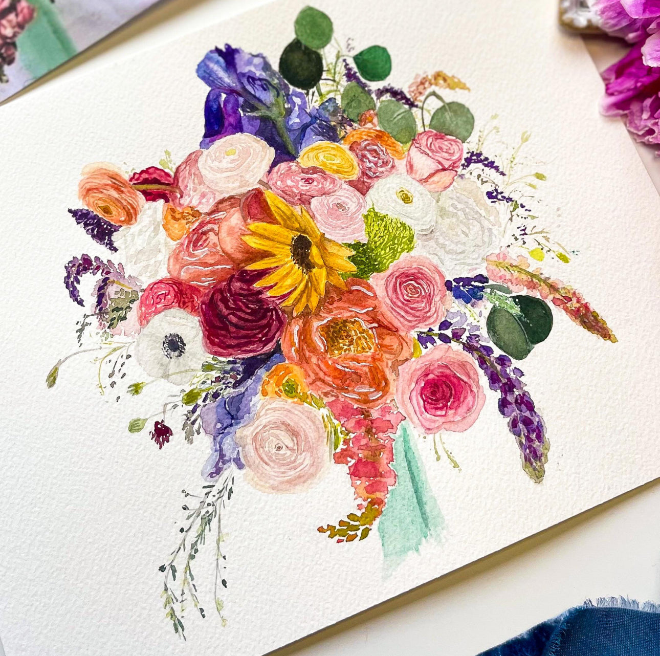 Custom Watercolor Special Occasion, Wedding, Anniversary Floral Bouquet Painting
