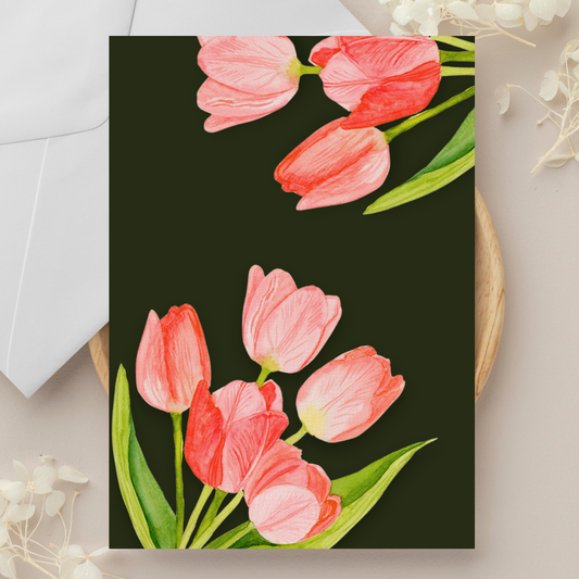 Pink Tulips in Green Blank Greeting Card