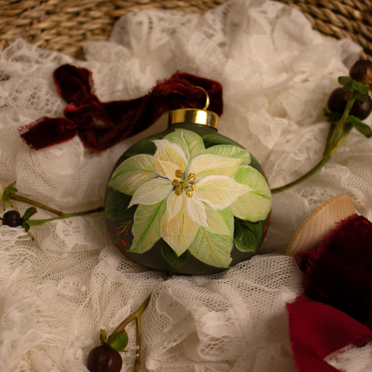 Poinsettia in Verte Round Shaped Ceramic Ornament