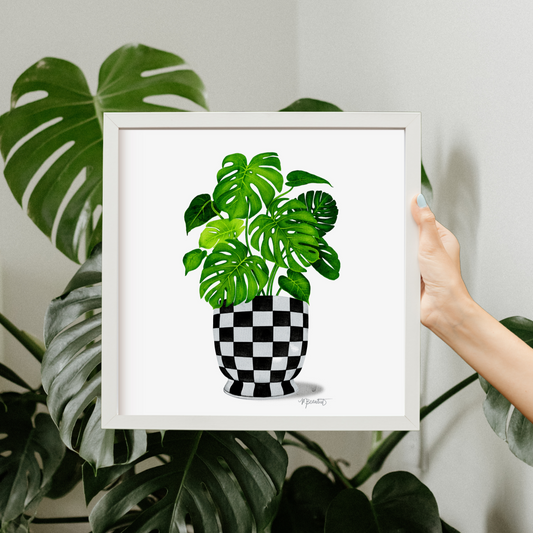 Monstera Checkered Pot Watercolor Art Print