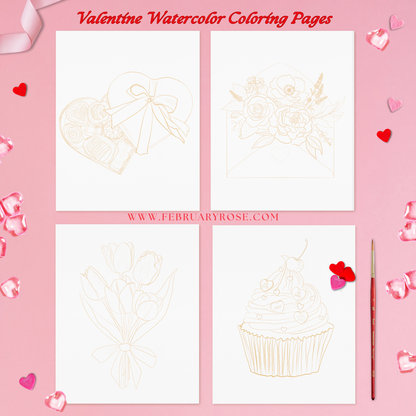Valentine's Day Watercolor Coloring Pages Paint Kit - BEGINNER FRIENDLY TO ADVANCED