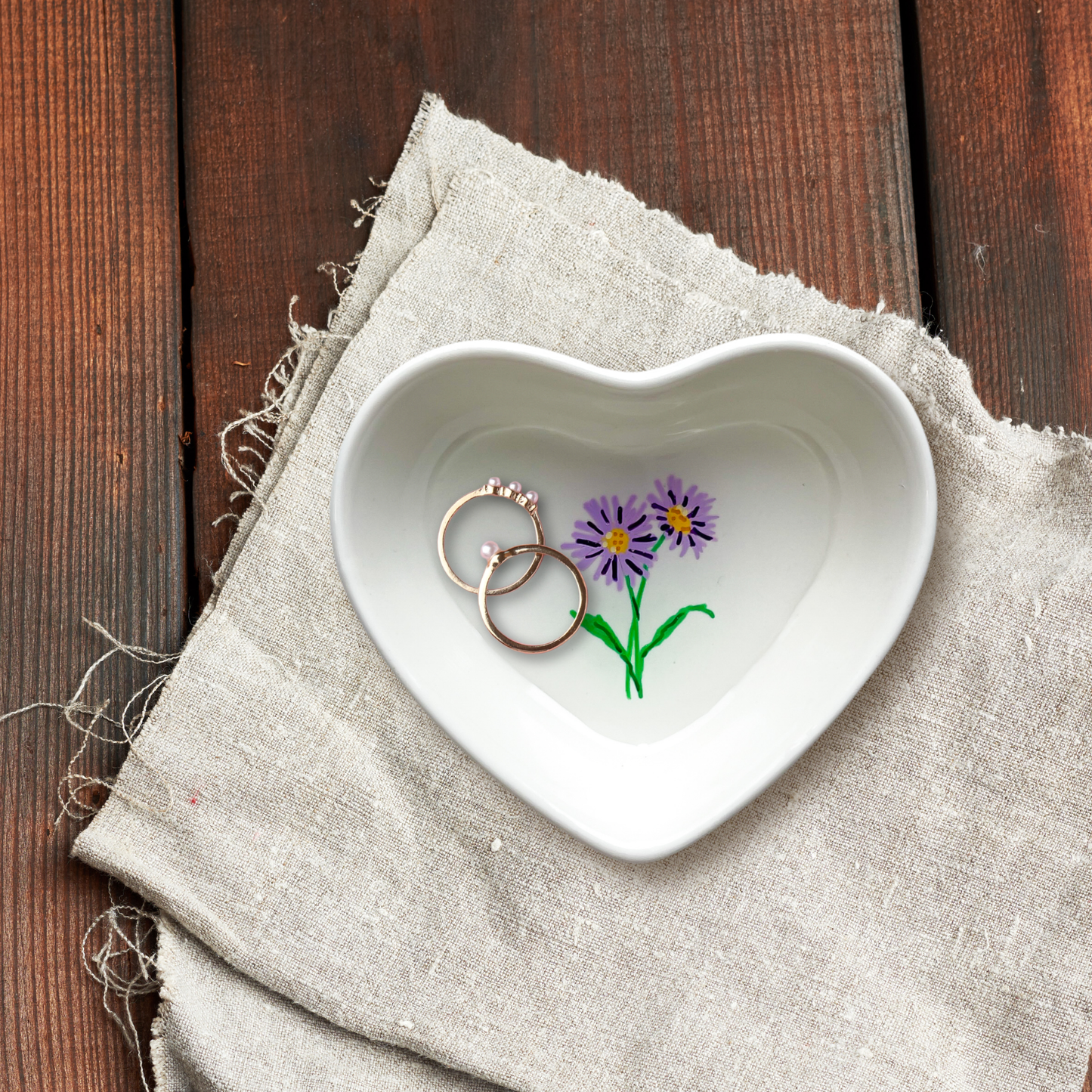 September Birth Flower Aster Ceramic Ring Dish Jewelry Tray