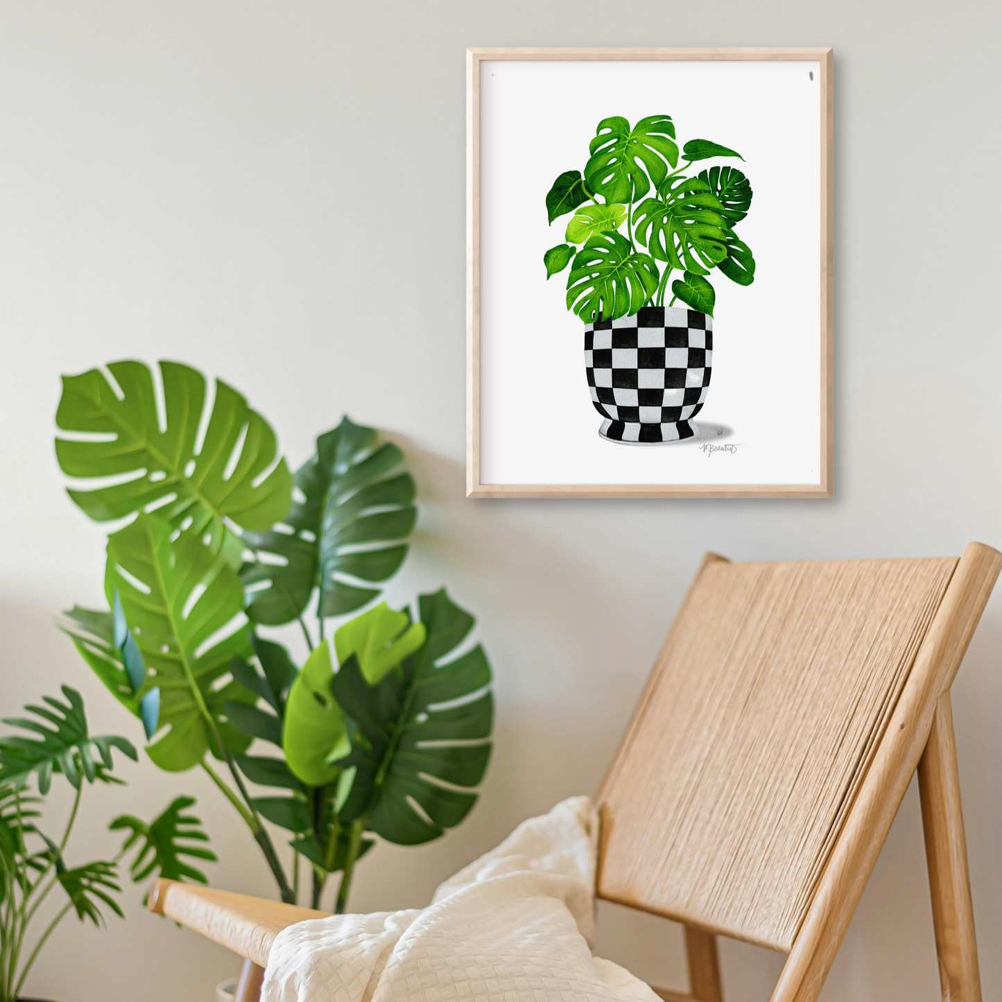 Monstera Checkered Pot Watercolor Art Print