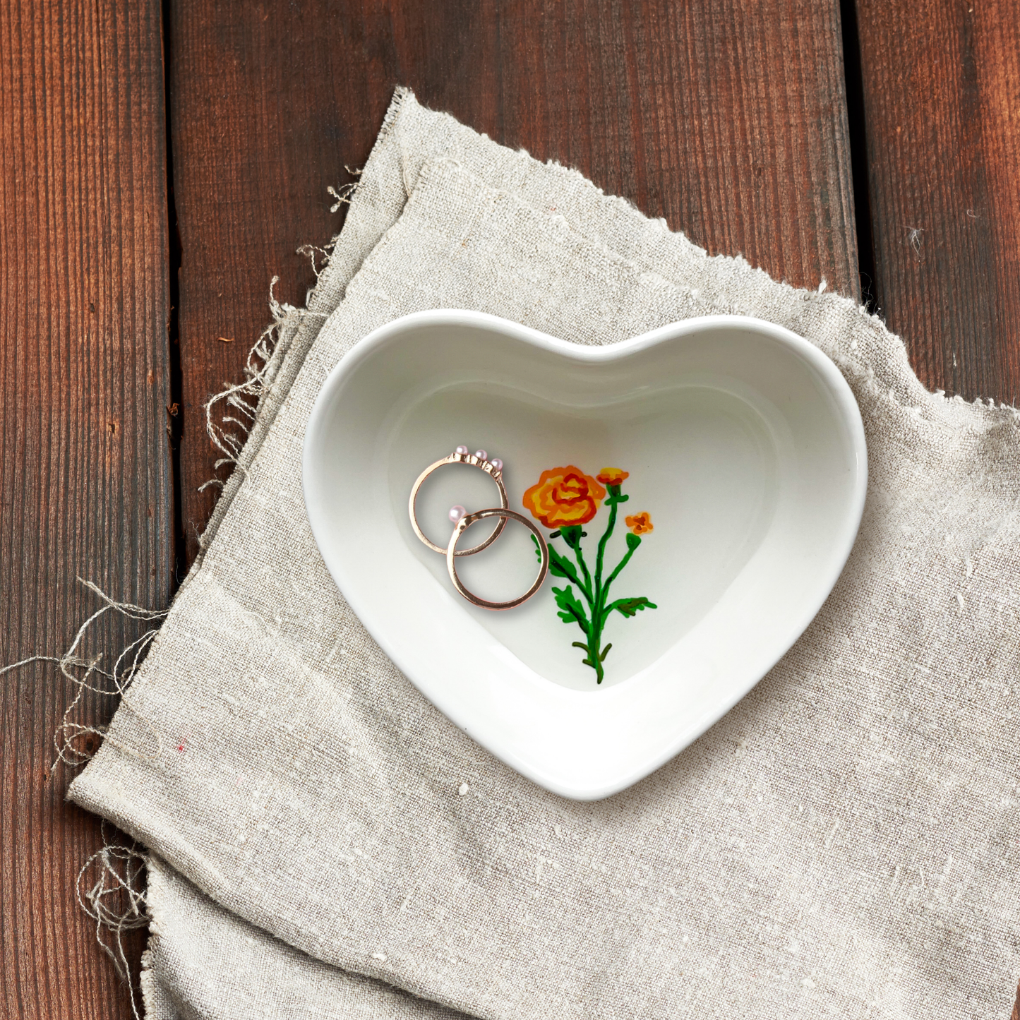 October Birth Flower Marigold Ceramic Ring Dish Jewelry Tray