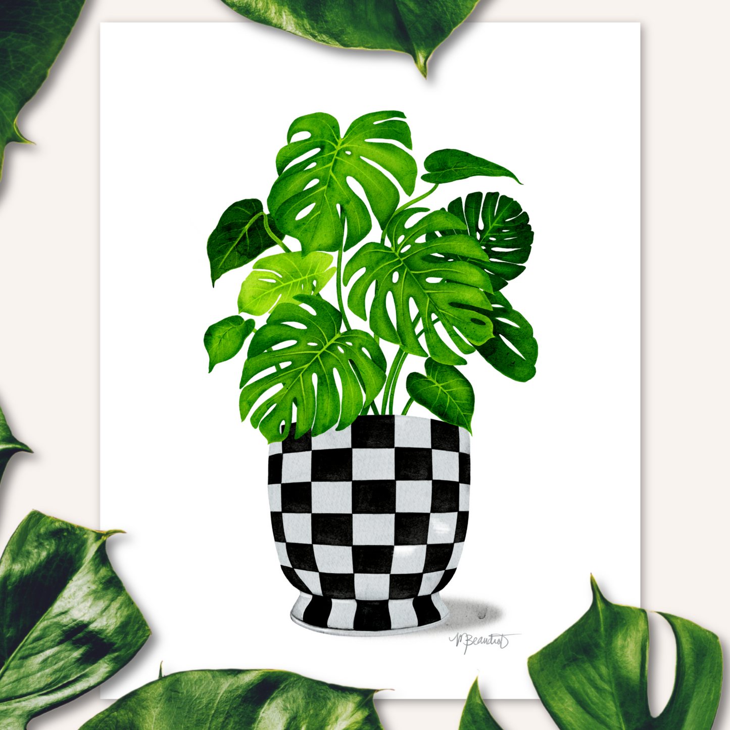 Monstera Checkered Pot Watercolor Art Print