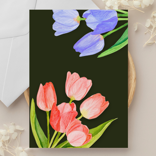 Tulips Multicolored in Green Greeting Card