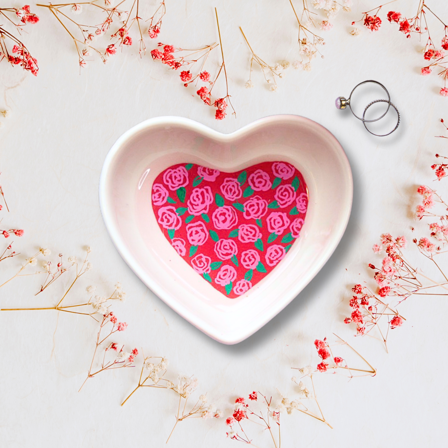 Pink Roses in Red Ceramic Trinket Dish