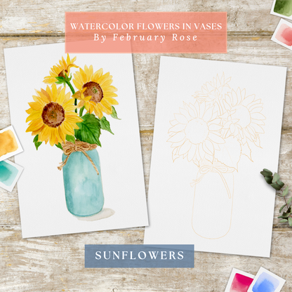 Watercolor Flowers in Vases Collection No. 1 Watercolor Coloring Pages ONLY