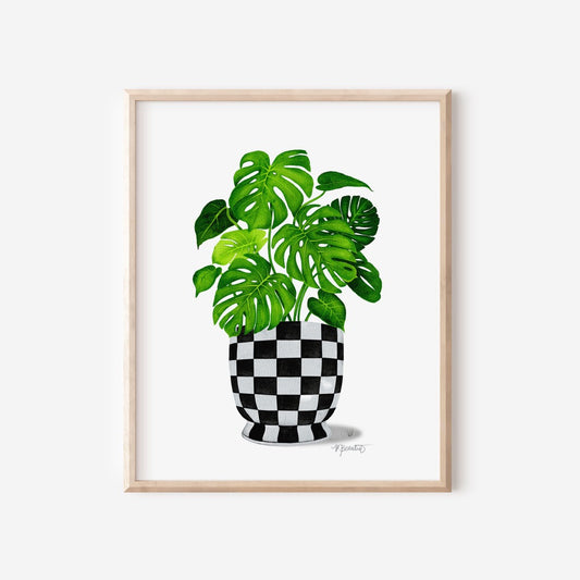 Monstera Checkered Pot Watercolor Art Print