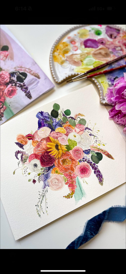Custom Watercolor Special Occasion, Wedding, Anniversary Floral Bouquet Painting