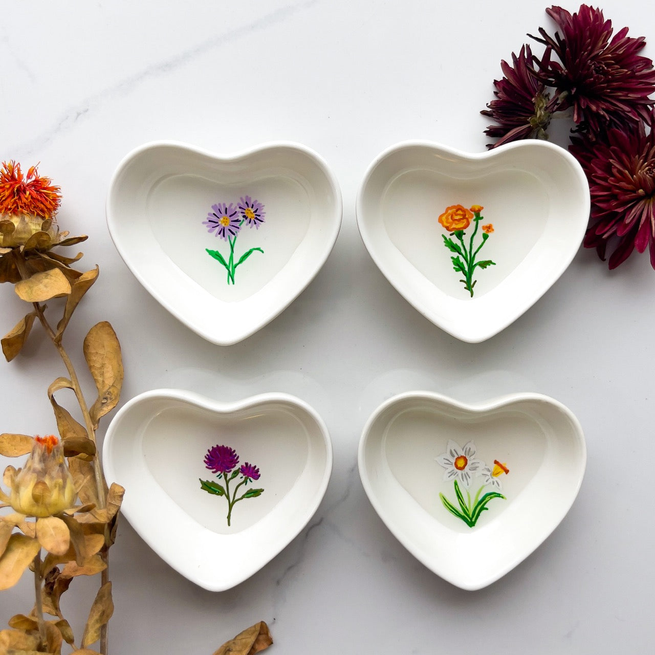 September Birth Flower Aster Ceramic Ring Dish Jewelry Tray