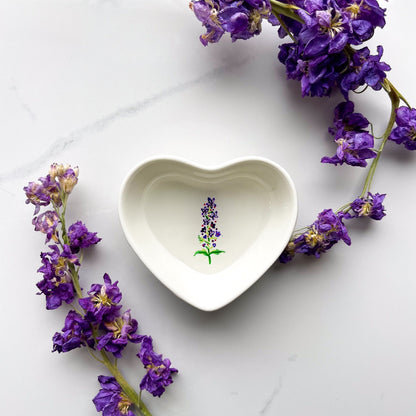July Birth Flower Larkspur Ceramic Ring Dish Jewelry Tray