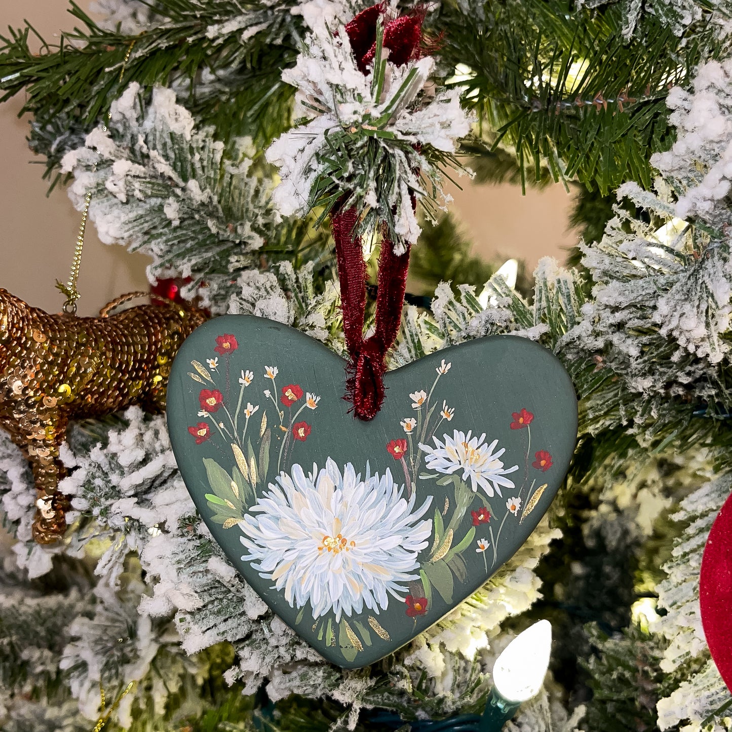 Dahlias in Verte Heart Shaped Ornament 1