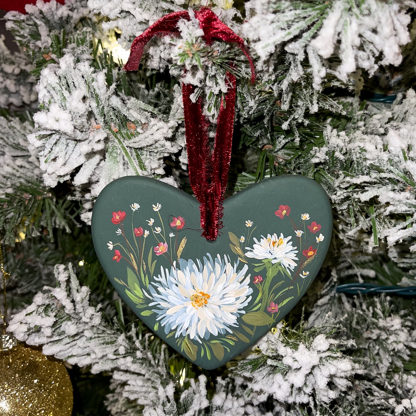 Dahlias in Verte Heart Shaped Ornament 2