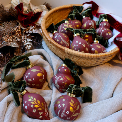 Botanicals in Scarlet Round Shaped Ceramic Ornament